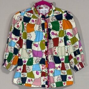 Alden Adair Patchwork Floral Ruffle Peplum Blouse Cottagecore L